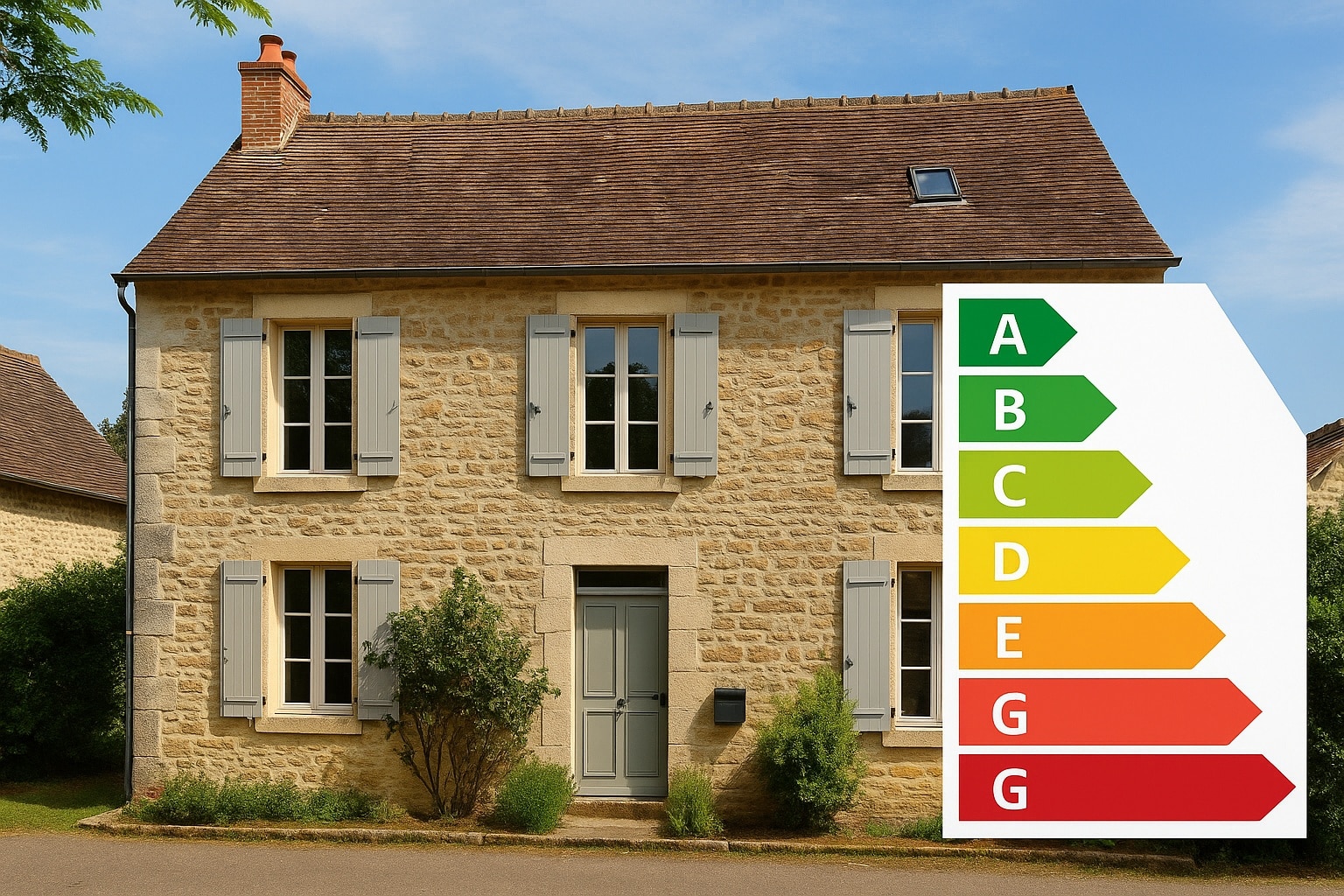 Un DPE placé à côté d'une maison ancienne, classée G, qualifiée de passoire thermique