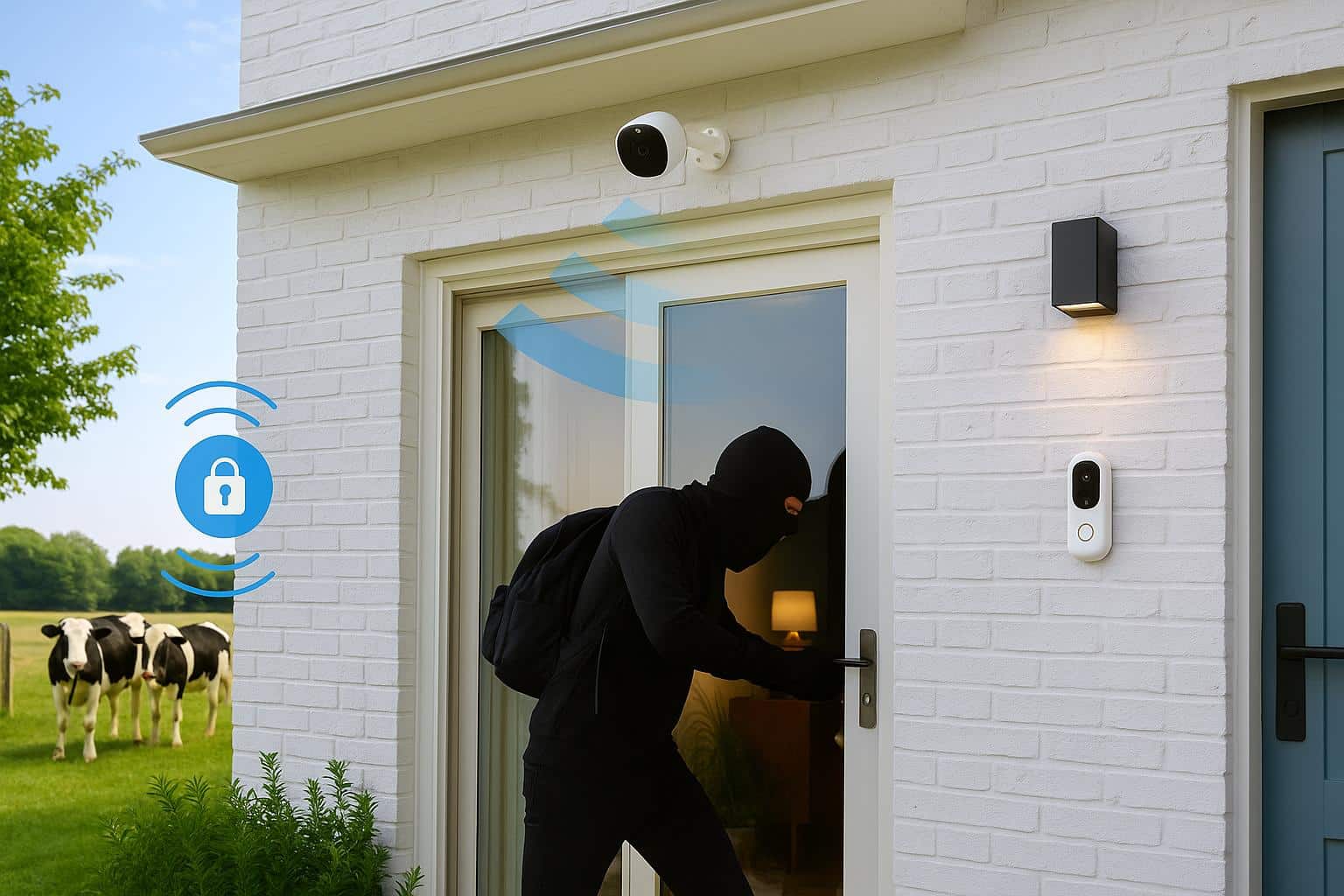 Un cambrioleur essaye de fracturer la porte d'une maison connectée en campagne
