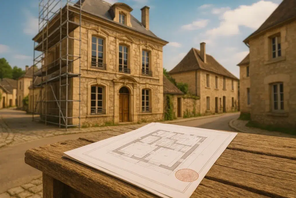Image d'une maison historique en rénovation dans une zone classée avec un plan de construction en premier plan