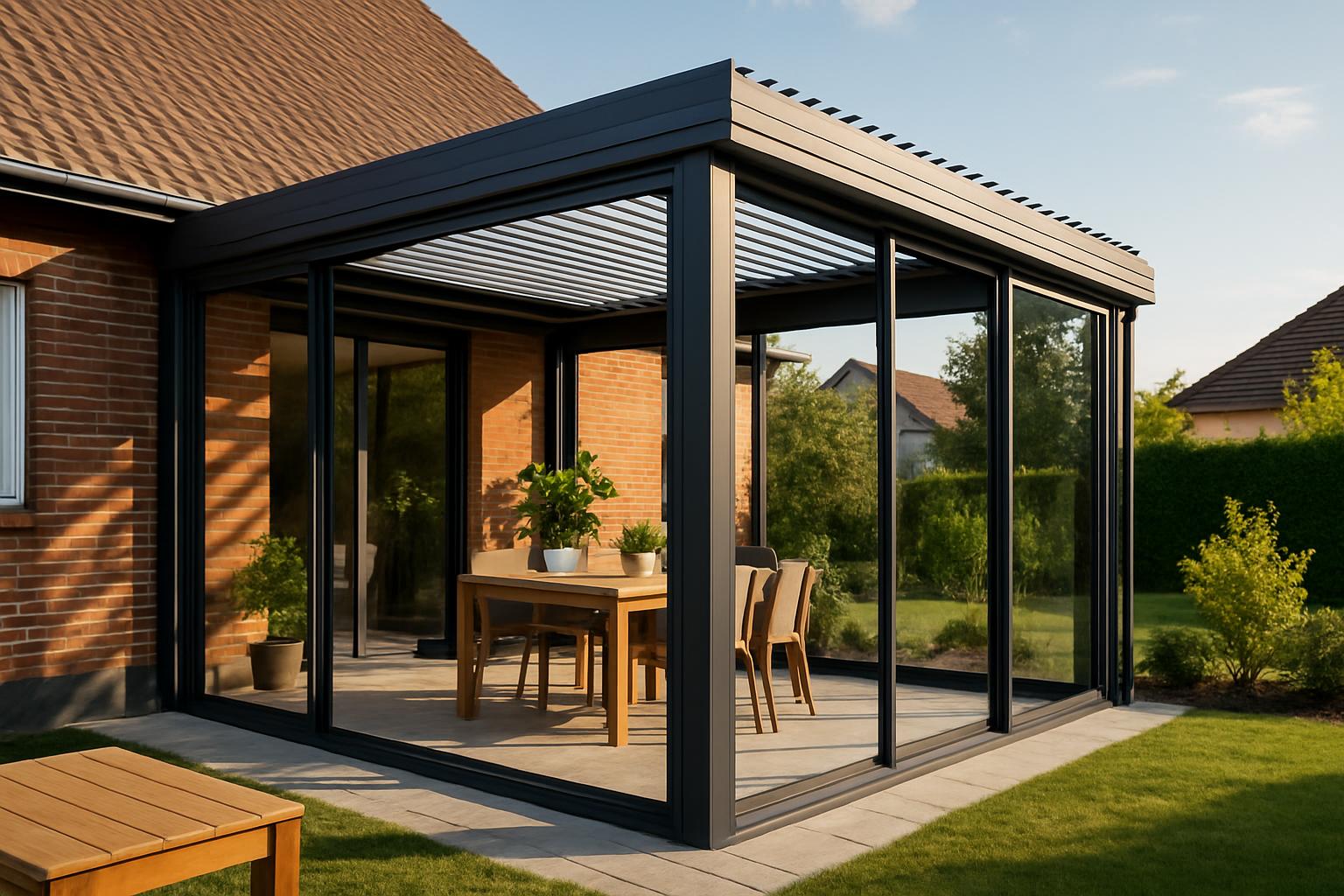 Veranda bioclimatique moderne permettant agrandissement maison et economies d energie