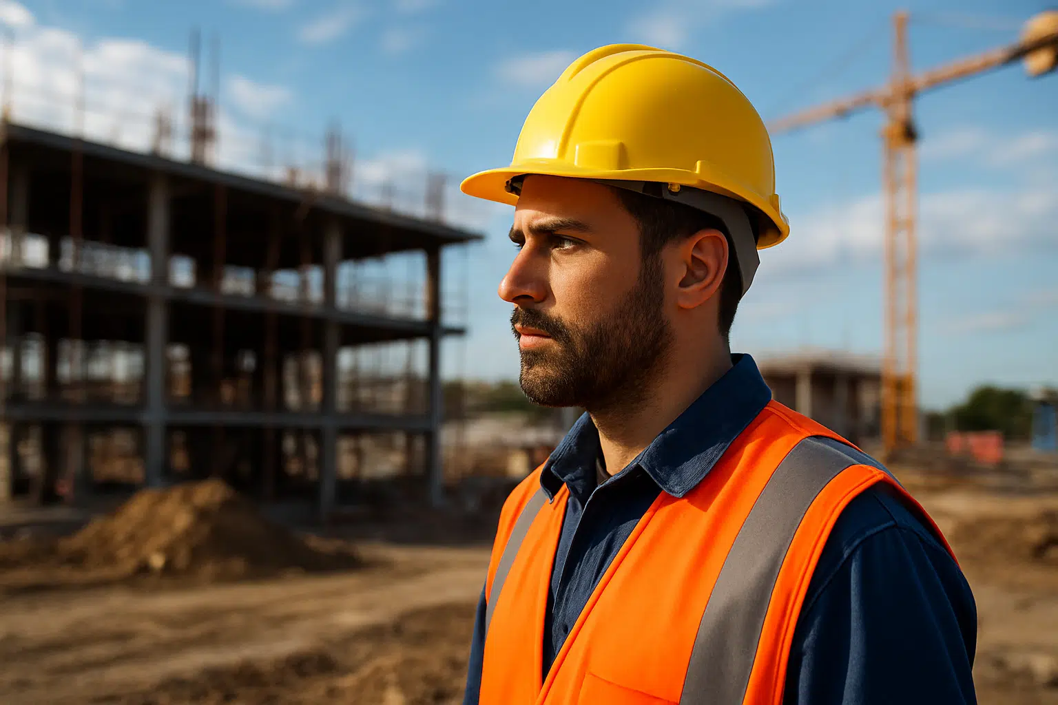 Ouvrier portant un casque de chantier de sécurité obligatoire sur un site de construction