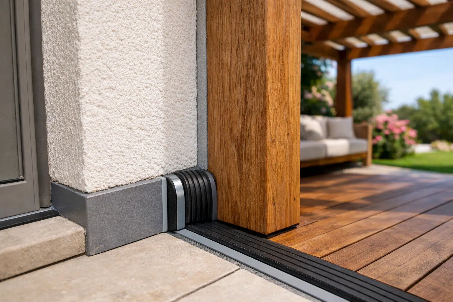 Joint de dilatation entre maison et pergola, espace de sécurité pour prévenir les fissures structurelles