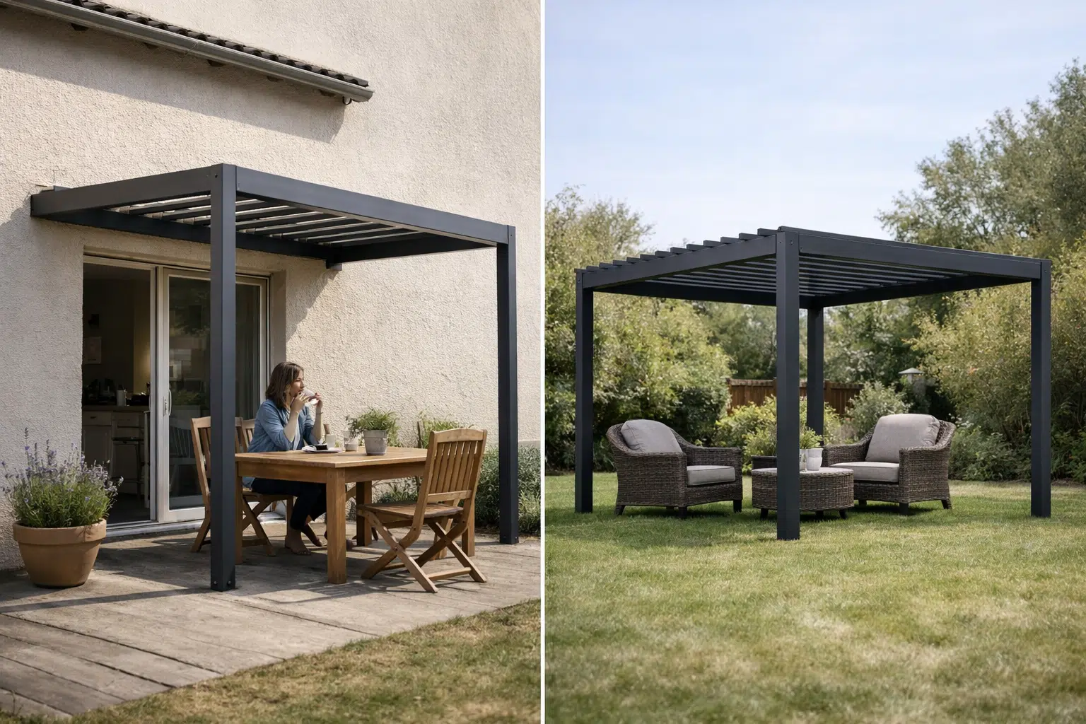 Terrasse avec pergola et mobilier de jardin en osier.