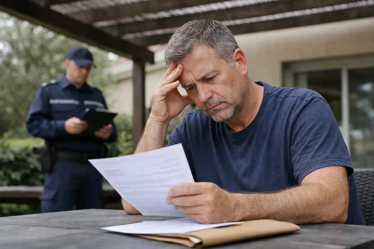 Homme préoccupé lisant des documents, agent en arrière-plan