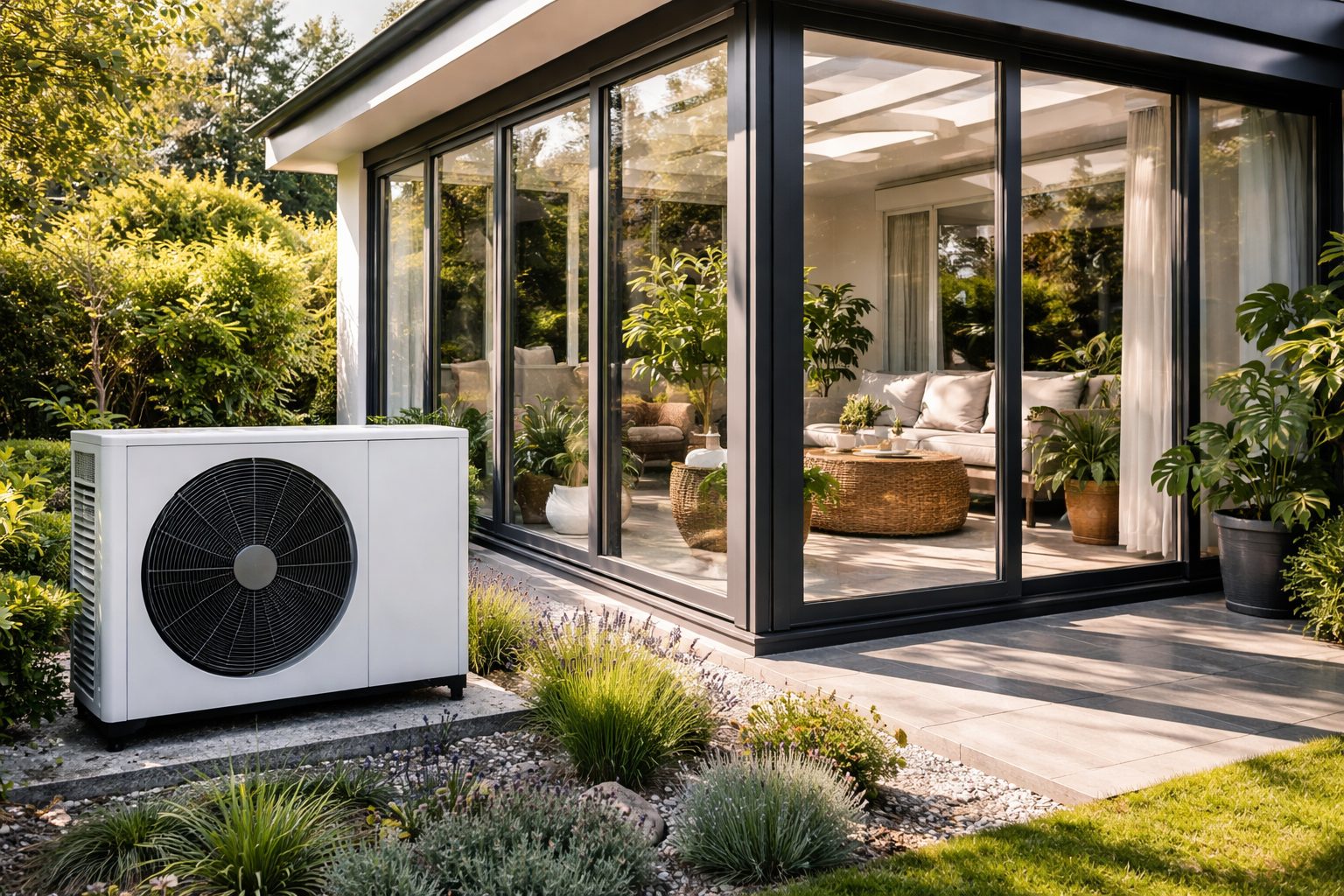 Une pompe à chaleur à l'extérieur d'une véranda pour la chauffer et la climatiser