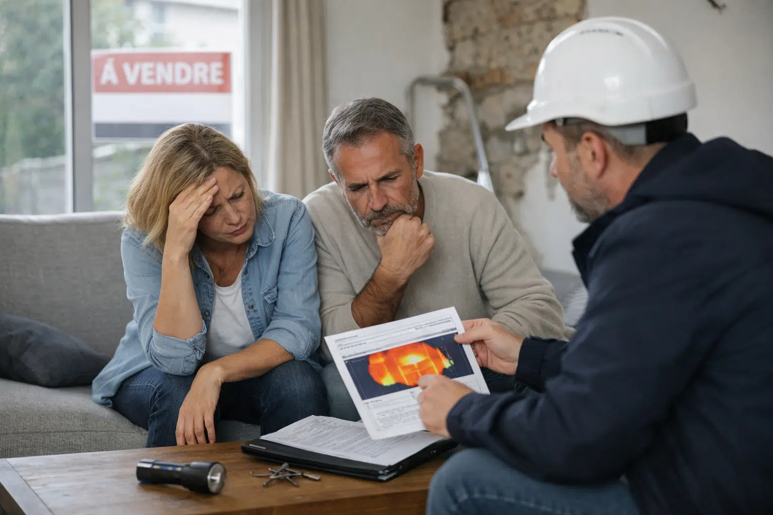 Couple regardant un professionnel montrant des plans sur tablette