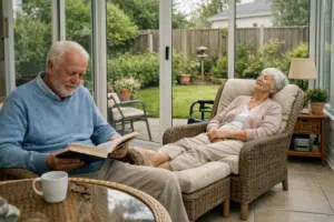 Homme âgé lisant, femme se repose dans la véranda