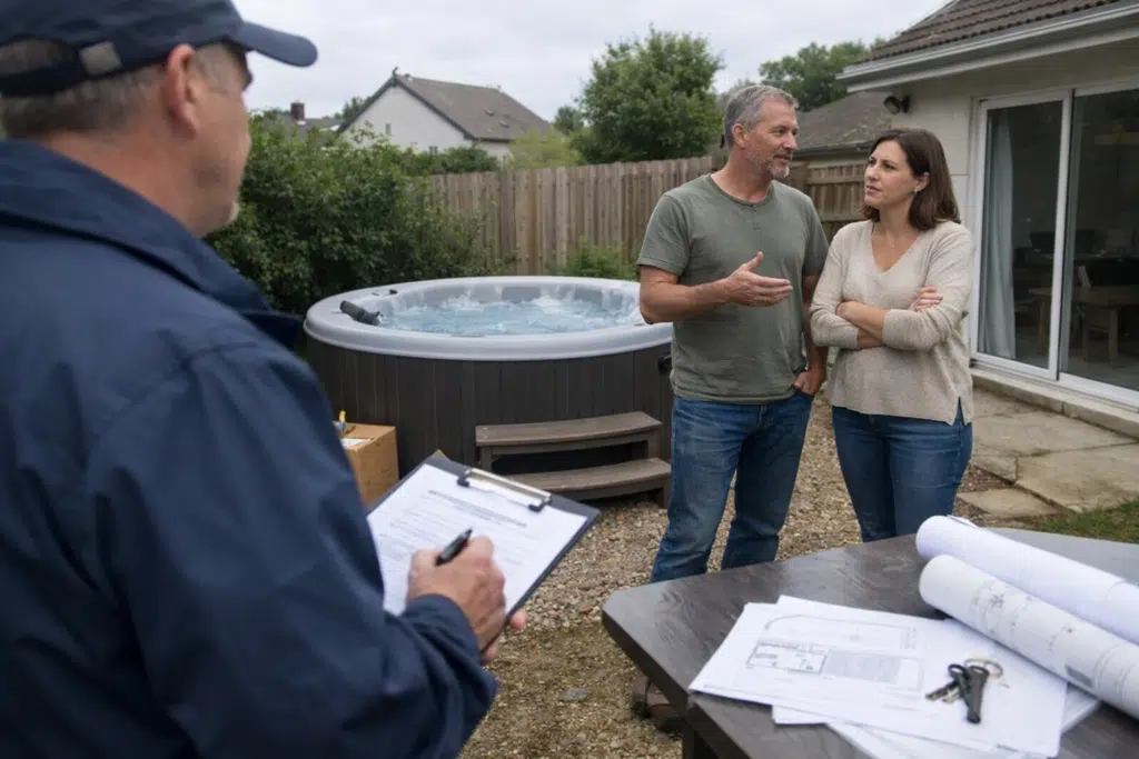 Couple discutant avec une personne près d'un spa extérieur