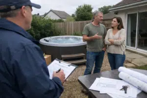 Couple discutant avec une personne près d'un spa extérieur