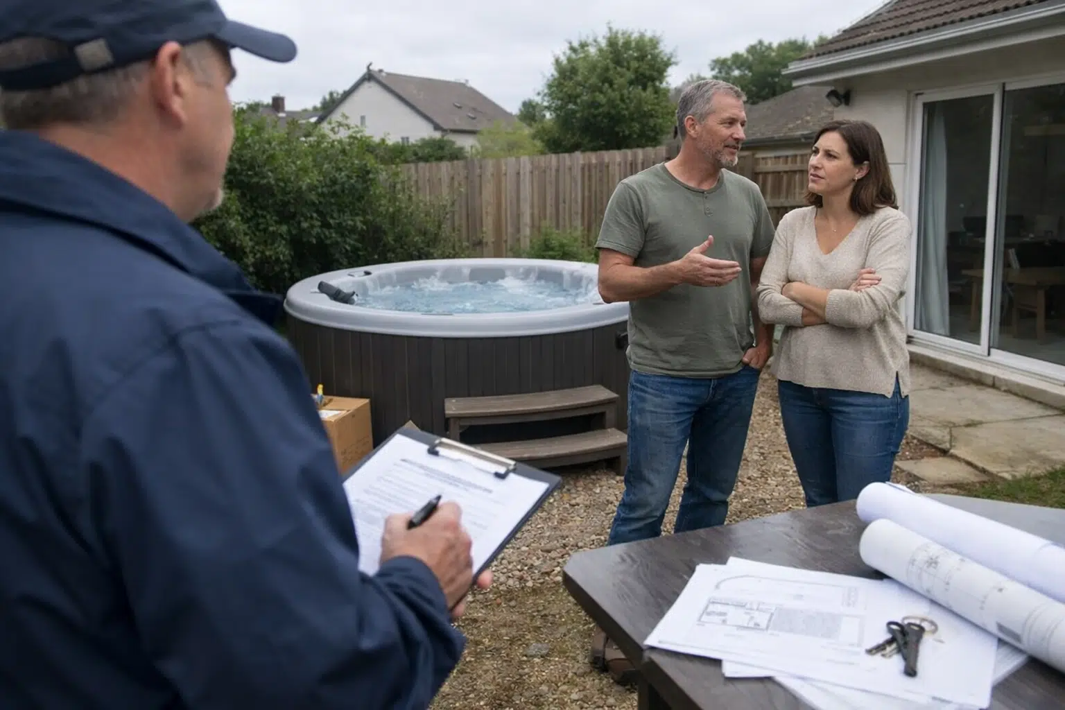 Couple discutant avec une personne près d'un spa extérieur
