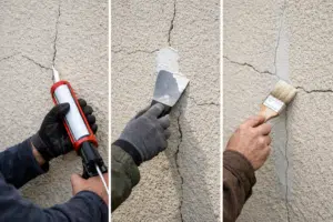 Trois mains réparant un mur : joint, enduit, peinture