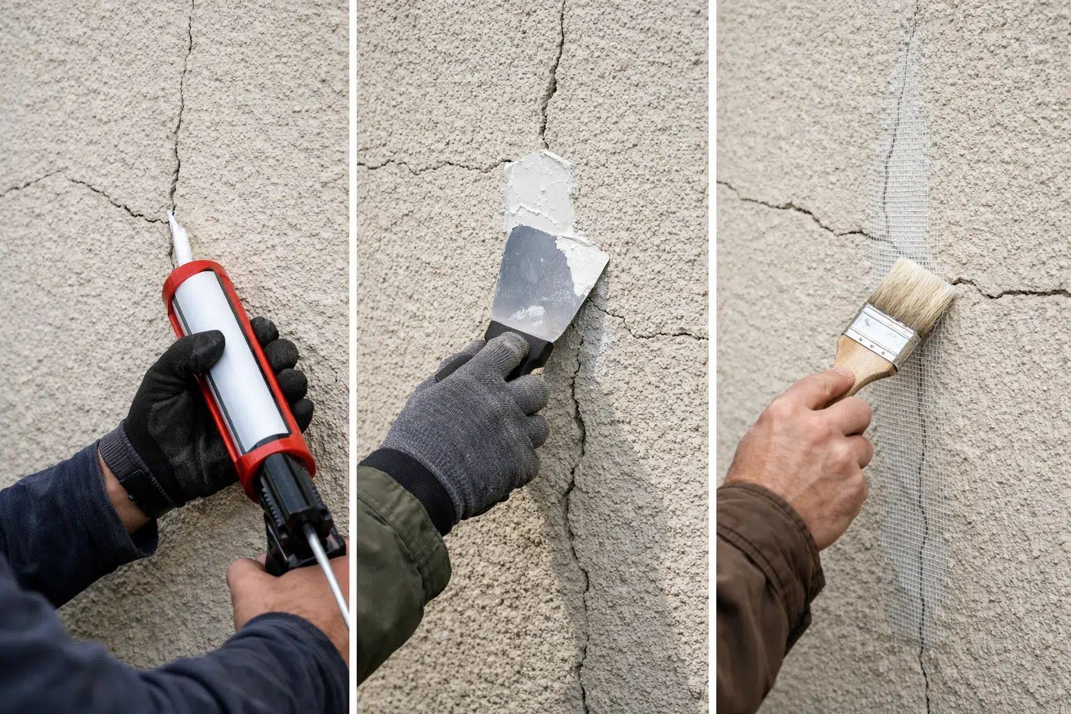 Trois mains réparant un mur : joint, enduit, peinture