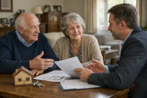 Couple âgé examinant des documents avec un conseiller