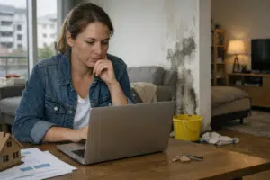 Femme pensive travaillant sur ordinateur portable avec documents
