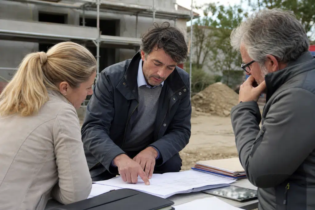 Trois personnes consultant des plans sur un chantier