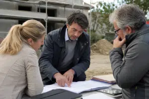 Trois personnes consultant des plans sur un chantier