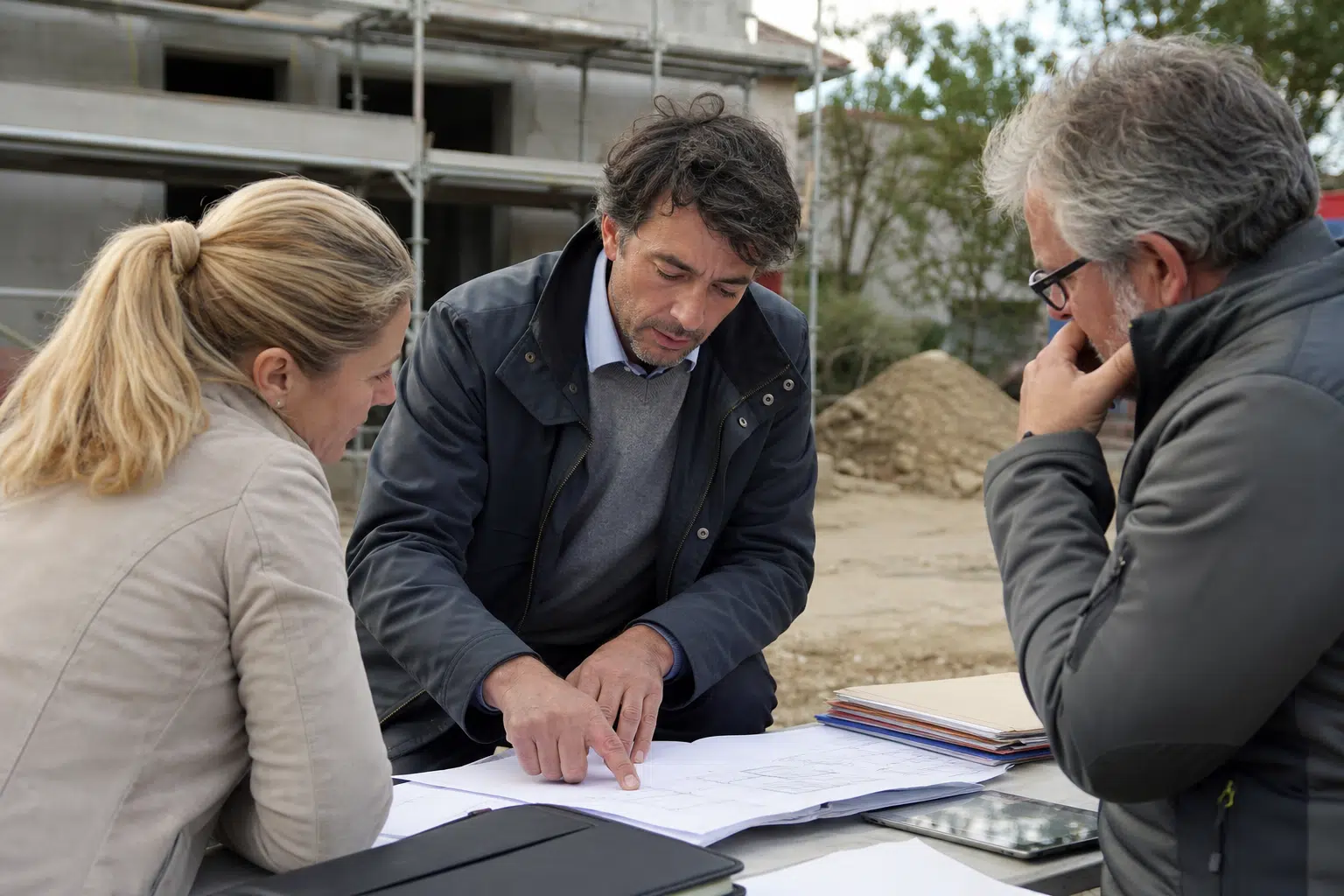 Trois personnes consultant des plans sur un chantier