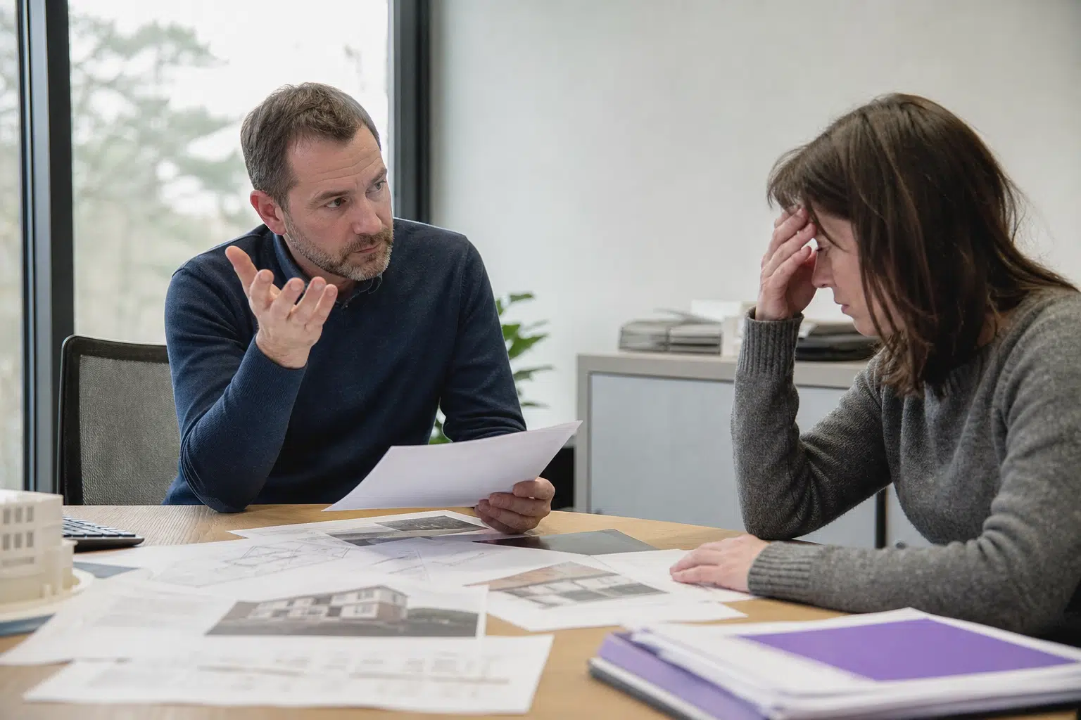 Homme expliquant des documents, femme visiblement stressée